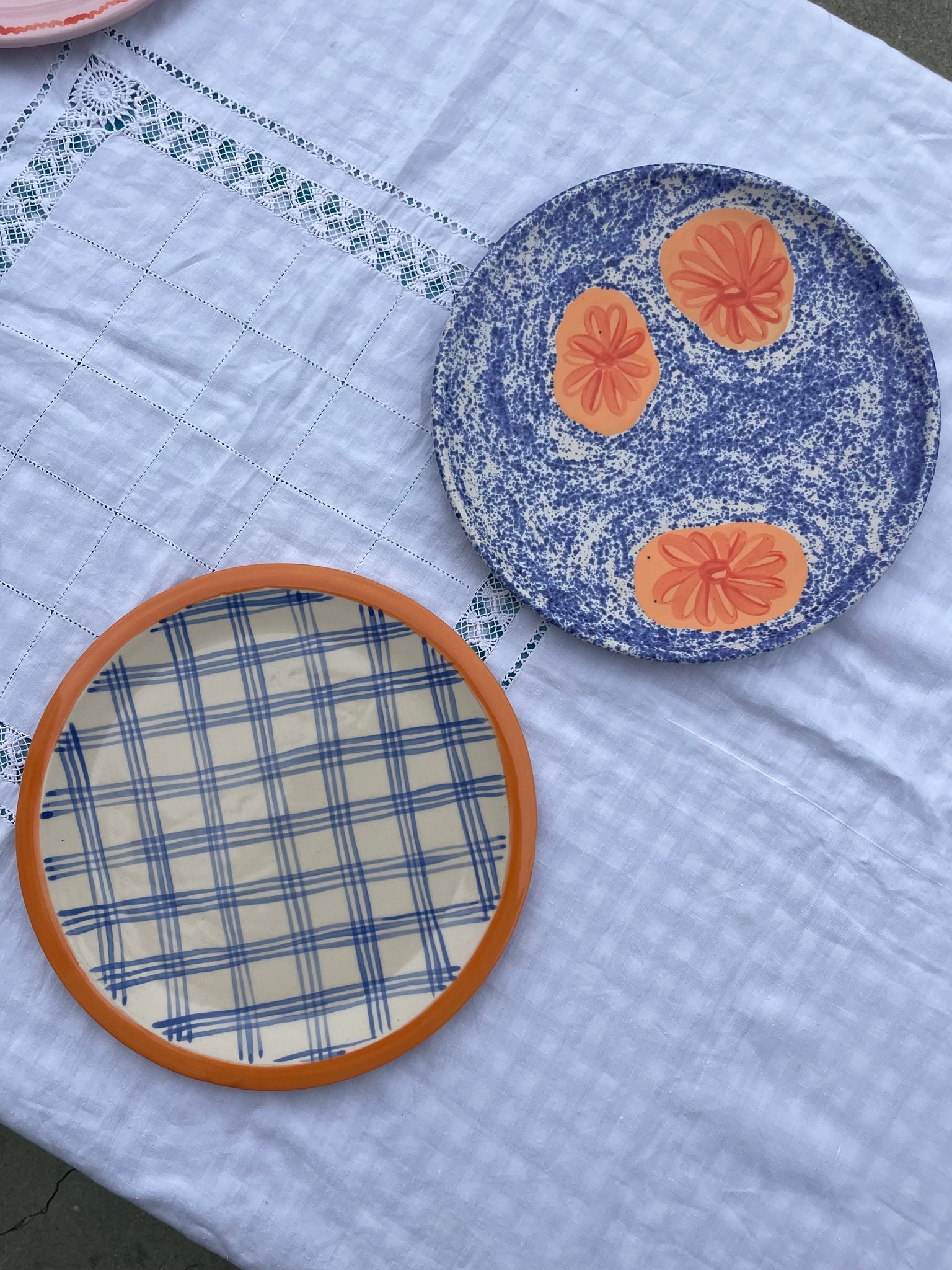 Blue Plaid, Orange Rim dinner plate