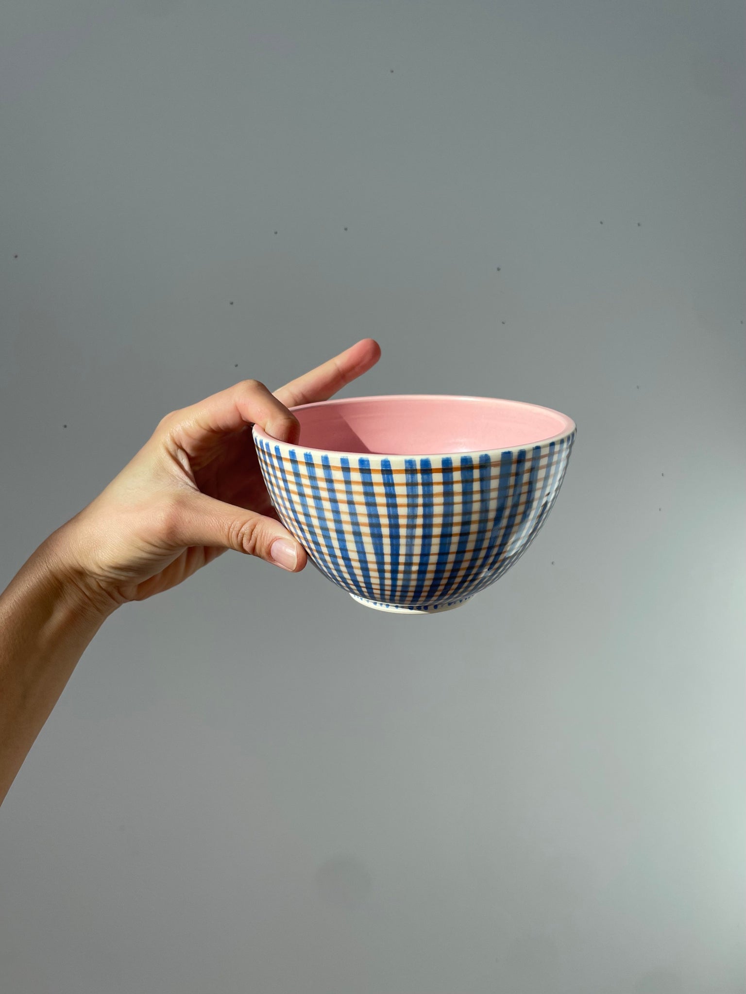 Blue n Brown Tight Grid - Satin Pink - soup bowl